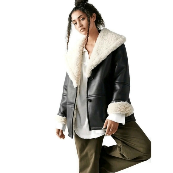 Free People Jackets & Blazers - Free People We The Free Winnie Vegan Car Coat Vegan Leather Sherpa Size Large